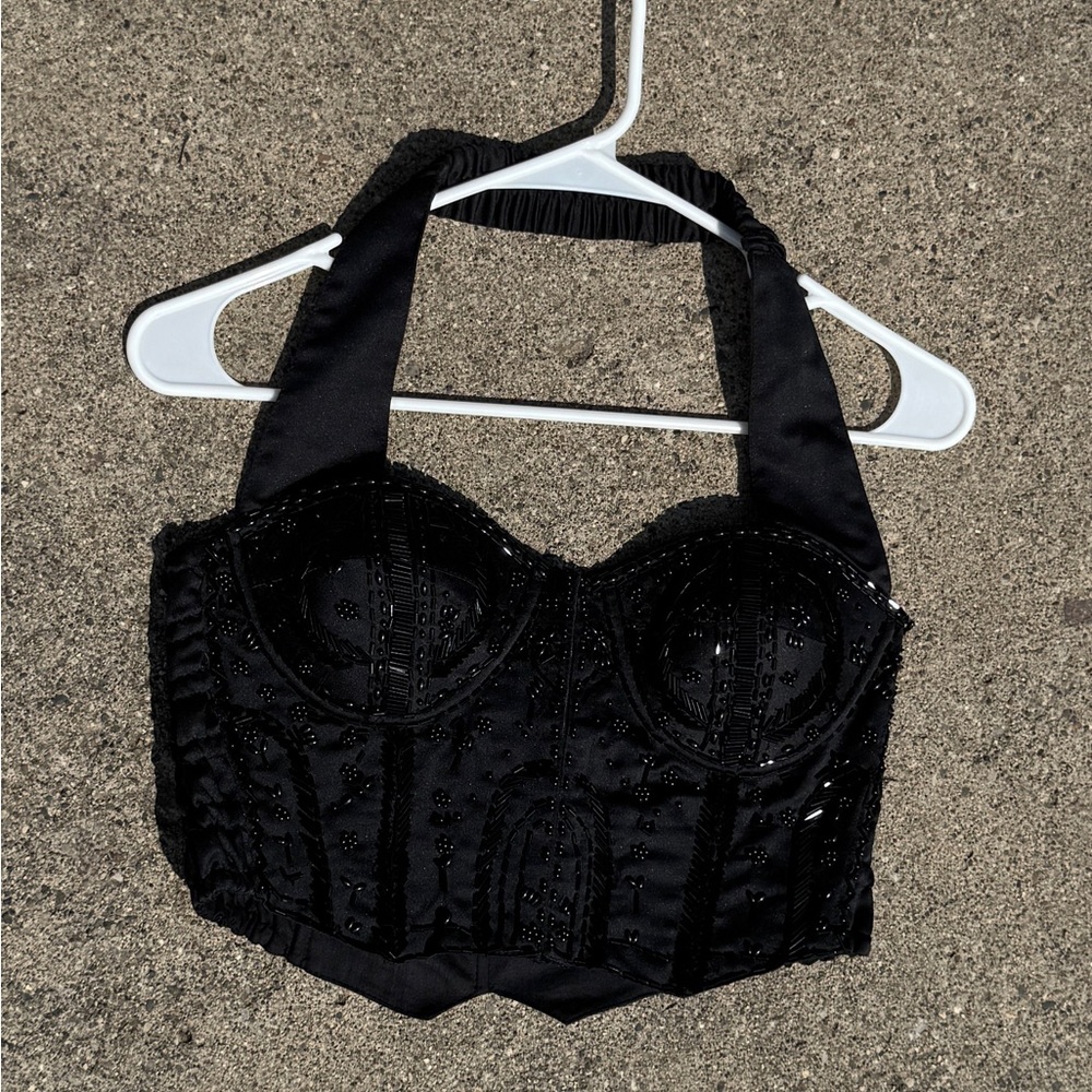 Handmade Beaded Black Halter Corset Top